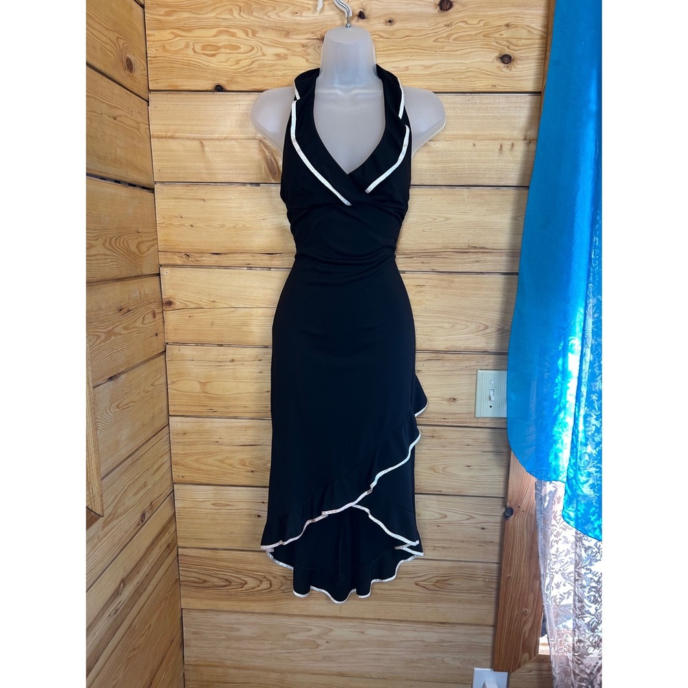 Vintage Black White Halter High Low Ruffle Dress Made in USA Cocktail Small Retr